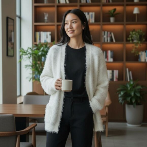 LC Lauren Conrad Open Front Samba Eyelash Yarn White L/S Cardigan Sweater M - Picture 2 of 7